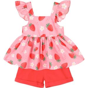 imageYOUNGER TREE Toddler Baby Girl Clothes Sleeveless Ruffle Bowknot Dress Top Shorts Set Summer Outfits for Little Kids GirlsPink Strawberry