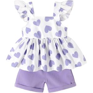 imageYOUNGER TREE Toddler Baby Girl Clothes Sleeveless Ruffle Bowknot Dress Top Shorts Set Summer Outfits for Little Kids GirlsPurple Heart