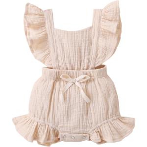 imageYOUNGER TREE Toddler Baby Girl Ruffled Sleeveless Romper Casual Summer Jumpsuit Cotton Linen ClothesApricot