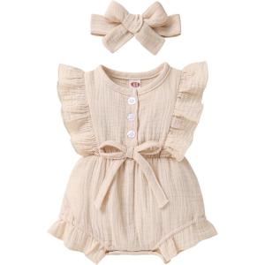 imageYOUNGER TREE Toddler Baby Girl Ruffled Sleeveless Romper Casual Summer Jumpsuit Cotton Linen ClothesButton Apricot