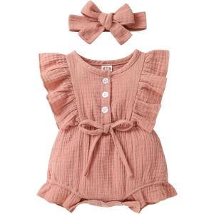 imageYOUNGER TREE Toddler Baby Girl Ruffled Sleeveless Romper Casual Summer Jumpsuit Cotton Linen ClothesButton Dark Pink