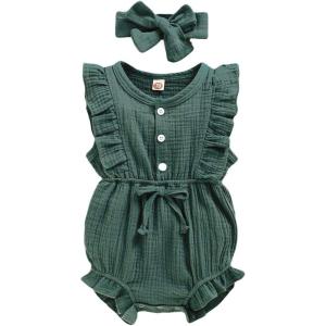 imageYOUNGER TREE Toddler Baby Girl Ruffled Sleeveless Romper Casual Summer Jumpsuit Cotton Linen ClothesButtongreen