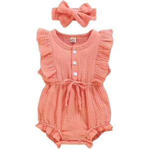 imageYOUNGER TREE Toddler Baby Girl Ruffled Sleeveless Romper Casual Summer Jumpsuit Cotton Linen ClothesButtonpink