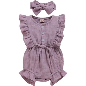 imageYOUNGER TREE Toddler Baby Girl Ruffled Sleeveless Romper Casual Summer Jumpsuit Cotton Linen ClothesButtonpurple