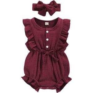 imageYOUNGER TREE Toddler Baby Girl Ruffled Sleeveless Romper Casual Summer Jumpsuit Cotton Linen ClothesButtonred