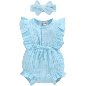 imageYOUNGER TREE Toddler Baby Girl Ruffled Sleeveless Romper Casual Summer Jumpsuit Cotton Linen ClothesButtonsky Blue