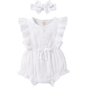 imageYOUNGER TREE Toddler Baby Girl Ruffled Sleeveless Romper Casual Summer Jumpsuit Cotton Linen ClothesButtonwhite
