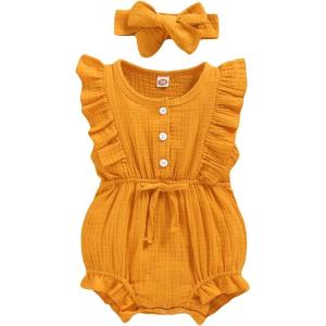 imageYOUNGER TREE Toddler Baby Girl Ruffled Sleeveless Romper Casual Summer Jumpsuit Cotton Linen ClothesButtonyellow