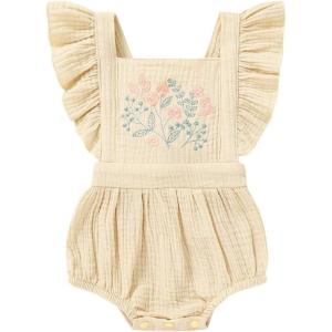 imageYOUNGER TREE Toddler Baby Girl Ruffled Sleeveless Romper Casual Summer Jumpsuit Cotton Linen ClothesEmbroideryapricot