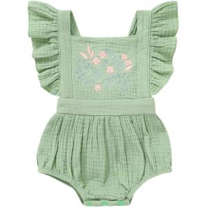 imageYOUNGER TREE Toddler Baby Girl Ruffled Sleeveless Romper Casual Summer Jumpsuit Cotton Linen ClothesEmbroiderygreen