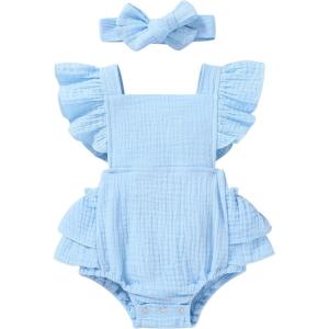 imageYOUNGER TREE Toddler Baby Girl Ruffled Sleeveless Romper Casual Summer Jumpsuit Cotton Linen ClothesRuffle Romper Blue