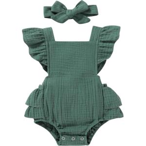 imageYOUNGER TREE Toddler Baby Girl Ruffled Sleeveless Romper Casual Summer Jumpsuit Cotton Linen ClothesRuffle Romper Green