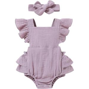 imageYOUNGER TREE Toddler Baby Girl Ruffled Sleeveless Romper Casual Summer Jumpsuit Cotton Linen ClothesRuffle Romper Purple