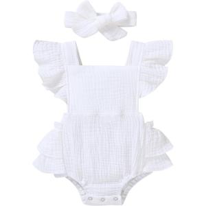 imageYOUNGER TREE Toddler Baby Girl Ruffled Sleeveless Romper Casual Summer Jumpsuit Cotton Linen ClothesRuffle Romper White