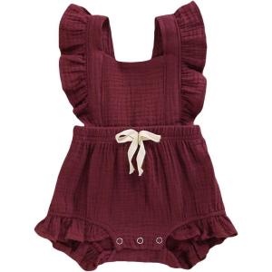 imageYOUNGER TREE Toddler Baby Girl Ruffled Sleeveless Romper Casual Summer Jumpsuit Cotton Linen ClothesWine Red