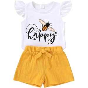 imageYOUNGER TREE Toddler Baby Girls Clothes Sunflower Tshirt  Bowknot Shorts with Cute Summer Girl Clothes SetBee
