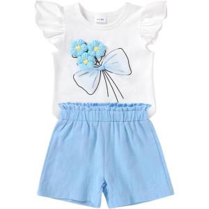 imageYOUNGER TREE Toddler Baby Girls Clothes Sunflower Tshirt  Bowknot Shorts with Cute Summer Girl Clothes SetBlue Flower