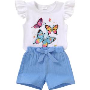 imageYOUNGER TREE Toddler Baby Girls Clothes Sunflower Tshirt  Bowknot Shorts with Cute Summer Girl Clothes SetButterfly