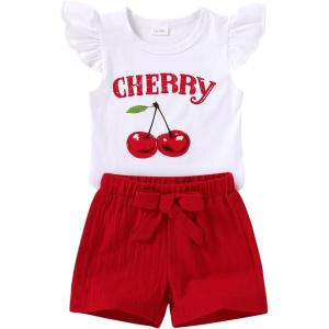 imageYOUNGER TREE Toddler Baby Girls Clothes Sunflower Tshirt  Bowknot Shorts with Cute Summer Girl Clothes SetCherry