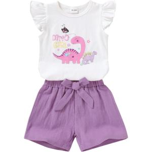 imageYOUNGER TREE Toddler Baby Girls Clothes Sunflower Tshirt  Bowknot Shorts with Cute Summer Girl Clothes SetDinosaur