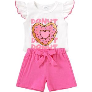imageYOUNGER TREE Toddler Baby Girls Clothes Sunflower Tshirt  Bowknot Shorts with Cute Summer Girl Clothes SetDoughnut