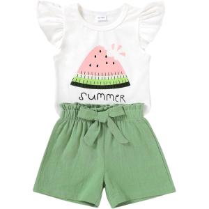 imageYOUNGER TREE Toddler Baby Girls Clothes Sunflower Tshirt  Bowknot Shorts with Cute Summer Girl Clothes SetGreen Watermelon