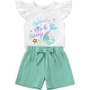 imageYOUNGER TREE Toddler Baby Girls Clothes Sunflower Tshirt  Bowknot Shorts with Cute Summer Girl Clothes SetMermaid