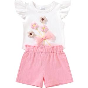 imageYOUNGER TREE Toddler Baby Girls Clothes Sunflower Tshirt  Bowknot Shorts with Cute Summer Girl Clothes SetPink Flower