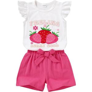 imageYOUNGER TREE Toddler Baby Girls Clothes Sunflower Tshirt  Bowknot Shorts with Cute Summer Girl Clothes SetStrawberry