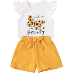 imageYOUNGER TREE Toddler Baby Girls Clothes Sunflower Tshirt  Bowknot Shorts with Cute Summer Girl Clothes SetYellow