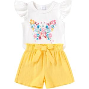 imageYOUNGER TREE Toddler Baby Girls Clothes Sunflower Tshirt  Bowknot Shorts with Cute Summer Girl Clothes SetYellow Butterfly