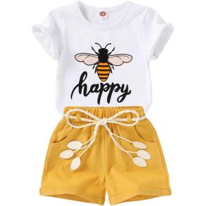 imageYOUNGER TREE Toddler Baby Girls Clothes Watermelon Tshirt  Linen Shorts with Belt Cute Summer Short SetBee Happy