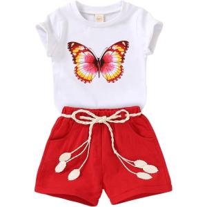 imageYOUNGER TREE Toddler Baby Girls Clothes Watermelon Tshirt  Linen Shorts with Belt Cute Summer Short SetButterfly