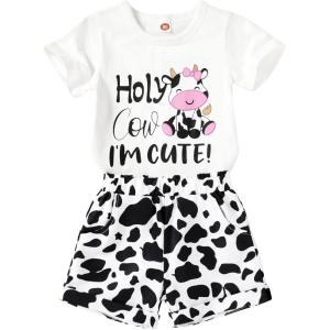imageYOUNGER TREE Toddler Baby Girls Clothes Watermelon Tshirt  Linen Shorts with Belt Cute Summer Short SetCute Cow
