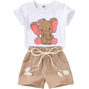 imageYOUNGER TREE Toddler Baby Girls Clothes Watermelon Tshirt  Linen Shorts with Belt Cute Summer Short SetElephant