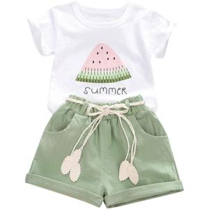 imageYOUNGER TREE Toddler Baby Girls Clothes Watermelon Tshirt  Linen Shorts with Belt Cute Summer Short SetGreen
