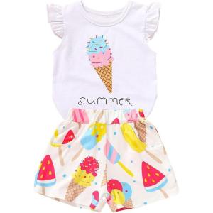 imageYOUNGER TREE Toddler Baby Girls Clothes Watermelon Tshirt  Linen Shorts with Belt Cute Summer Short SetIce Cream