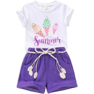 imageYOUNGER TREE Toddler Baby Girls Clothes Watermelon Tshirt  Linen Shorts with Belt Cute Summer Short SetIce Cream Purple