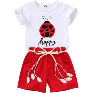 imageYOUNGER TREE Toddler Baby Girls Clothes Watermelon Tshirt  Linen Shorts with Belt Cute Summer Short SetLadybug