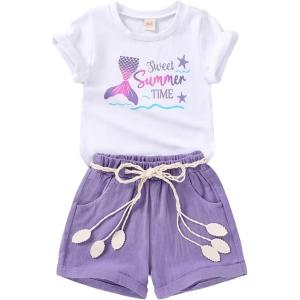 imageYOUNGER TREE Toddler Baby Girls Clothes Watermelon Tshirt  Linen Shorts with Belt Cute Summer Short SetMermaid