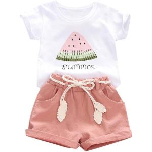 imageYOUNGER TREE Toddler Baby Girls Clothes Watermelon Tshirt  Linen Shorts with Belt Cute Summer Short SetPink