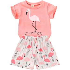 imageYOUNGER TREE Toddler Baby Girls Clothes Watermelon Tshirt  Linen Shorts with Belt Cute Summer Short SetPinkflamingo