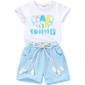 imageYOUNGER TREE Toddler Baby Girls Clothes Watermelon Tshirt  Linen Shorts with Belt Cute Summer Short SetPopsicles