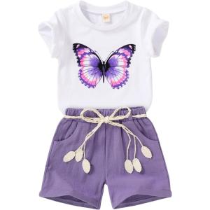 imageYOUNGER TREE Toddler Baby Girls Clothes Watermelon Tshirt  Linen Shorts with Belt Cute Summer Short SetPurple Butterfly