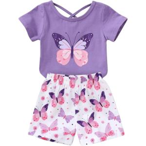 imageYOUNGER TREE Toddler Baby Girls Clothes Watermelon Tshirt  Linen Shorts with Belt Cute Summer Short SetPurplebutterfly