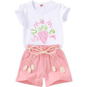 imageYOUNGER TREE Toddler Baby Girls Clothes Watermelon Tshirt  Linen Shorts with Belt Cute Summer Short SetStrawberry Pink