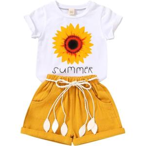 imageYOUNGER TREE Toddler Baby Girls Clothes Watermelon Tshirt  Linen Shorts with Belt Cute Summer Short SetSunflower