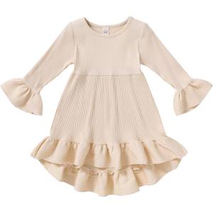 imageYOUNGER TREE Toddler Baby Girls Fall Clothing Solid Cotton Pit Irregular Skirt Winter Dress Long Sleeve Skirt OutfitsApricot