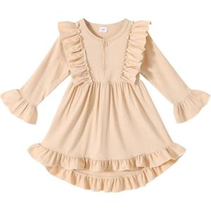 imageYOUNGER TREE Toddler Baby Girls Fall Clothing Solid Cotton Pit Irregular Skirt Winter Dress Long Sleeve Skirt OutfitsBeige