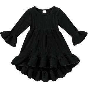 imageYOUNGER TREE Toddler Baby Girls Fall Clothing Solid Cotton Pit Irregular Skirt Winter Dress Long Sleeve Skirt OutfitsBlack